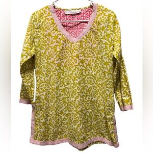 Gretchen Scott Designs Women’s Medium Green and Pink Floral V Neck Tunic Top